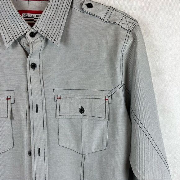 No Retreat Engineer Grey Black Striped Button Up Casual Shirt - Picture 3 of 12